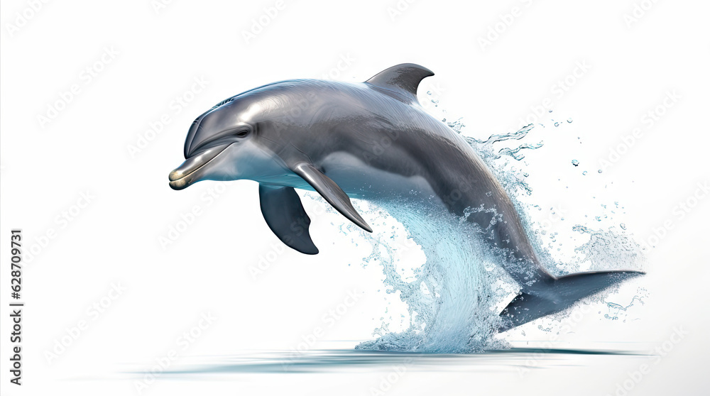 Fototapeta premium Dolphin jumping out of water, dolphin isolated on white background, dolphin jumping isolated on white.