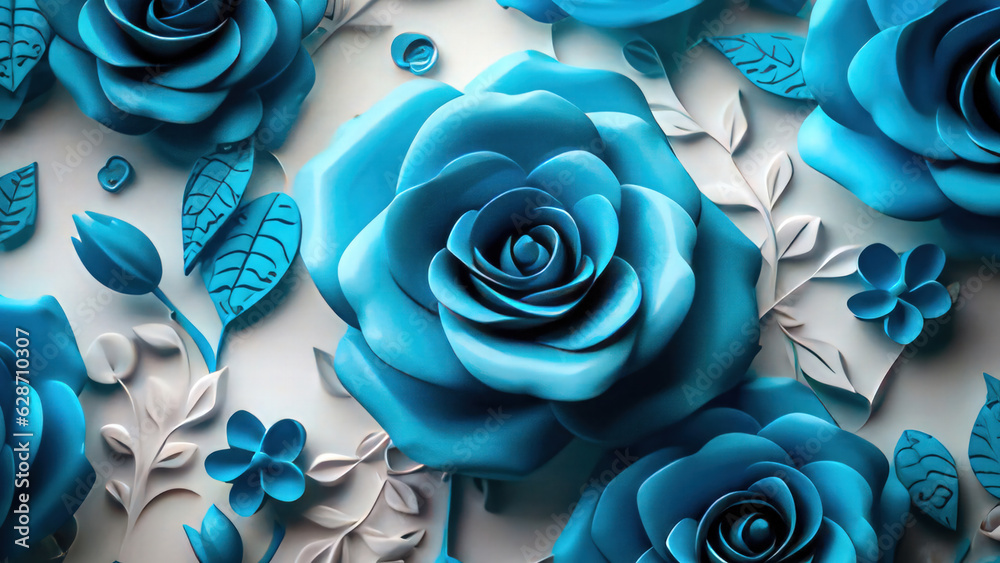 An image of a blue rose with blue leaves and flowers, in a deep shade ...