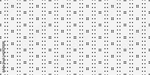 White background with black dots. Grid of four dots and vertical lines of dots. Design for textile, fabric, clothing, curtain, rug, batik, ornament, background, wrapping.