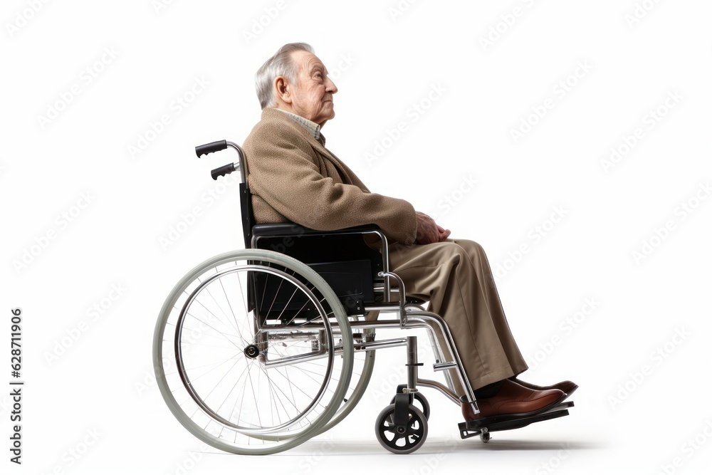 a old age grandfather elderly senior model handicapped man sitting in a wheelchair. can't walk after a back spine injury. isolated on white studio background. Generative AI