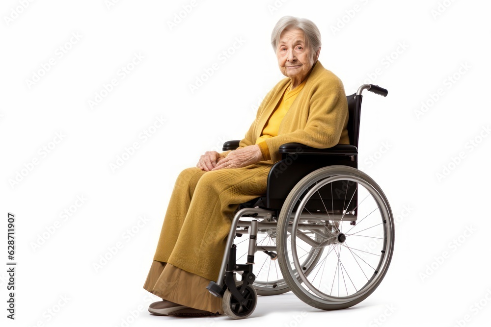 a beautiful old age grandmother elderly senior model handicapped woman sitting in a wheelchair. can't walk after a back spine injury. isolated on white studio background. Generative AI