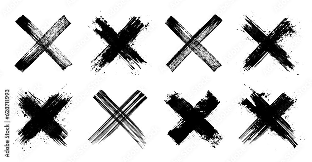 X black mark set in grunge style. Hand drawn crossed brush strokes. Crosshairs symbols in brush style with black ink splashes. Cross sign graphic symbol. Vector X mark set, grunge graphic collection