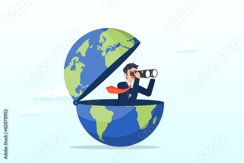 Smart businessman open globe using binoculars looking for future vision  world economic vision or international opportunity for business  work or investment  searching for oversea business  Vector 