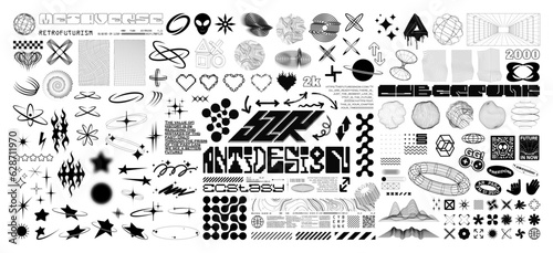Y2K, Rave, retrofuturistic graphic elements box with liquid and glitch effect. Acid Y2K geometric shapes from 00s, 90s, 80s. Vaporwave, synthwave, retrofuturistic style. 3D elements. Vector graphic