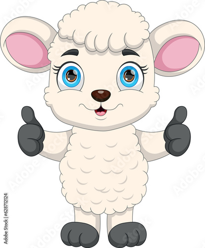 cute lamb cartoon thumbs up on white background