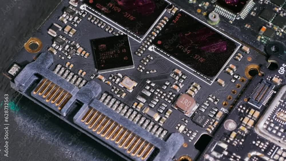 Circuit board of computer, close up, mainboard, chip, information engineering component on foil background, macro tracking shot. Circuit board of computer, close up, mainboard, chip, information engineering component on foil background, macro tracking shot.