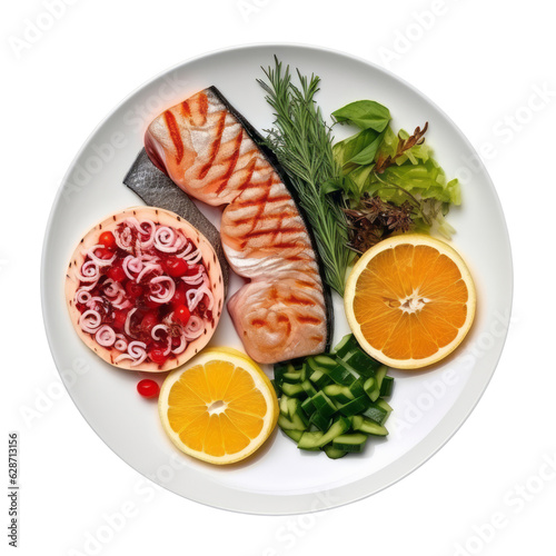 salmon steak with vegetables isolated on transparent background cutout