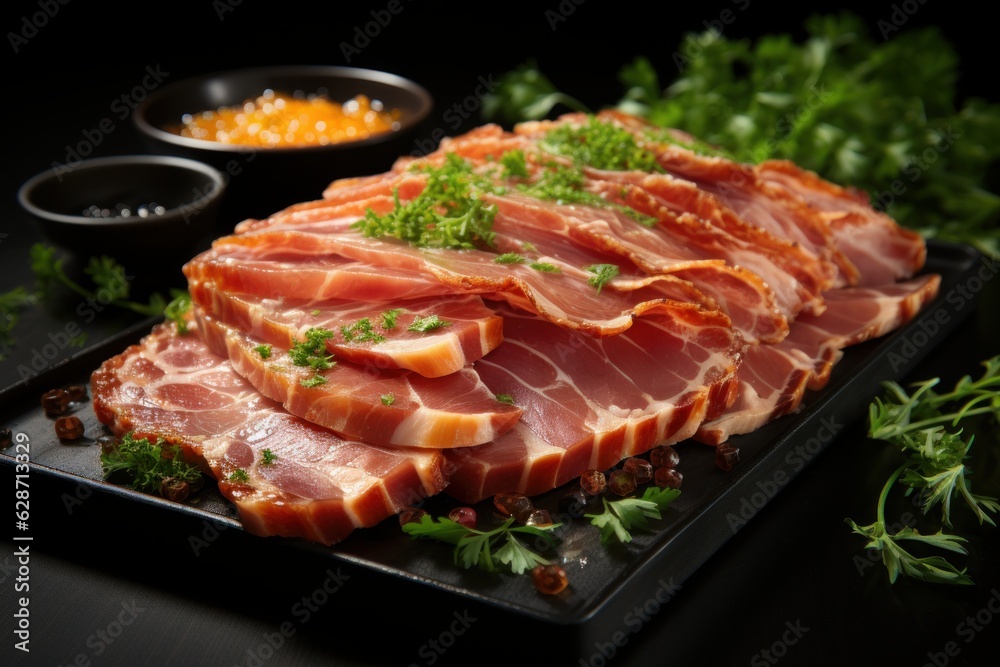 Savory Delicacy: Thin-Sliced Smoked Pork Ham Presented in a Wooden Tray on a Captivating Black Background Savory Delicacy: Thin-Sliced Smoked Pork Ham Presented in a Wooden Tray on a Captivating Black Background