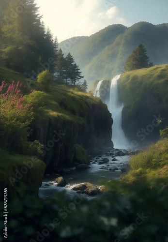 Mountain and river in nature, Generative AI Illustration.