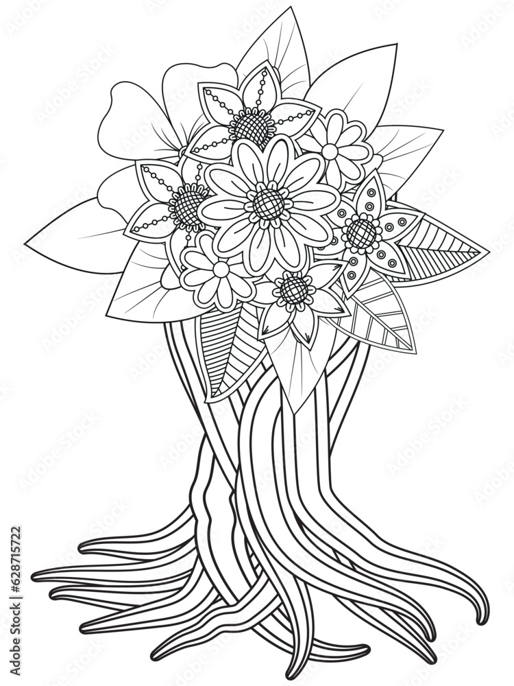 Flowers bouquet coloring book page. Isolated on white background. Doodle drawing anti-stress coloring books page for adults or children. Flat Vector Illustration Flowers bouquet coloring book page. Isolated on white background. Doodle drawing anti-stress coloring books page for adults or children. Flat Vector Illustration