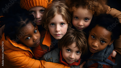 Children of varied races embracing in a gesture of friendship. Concept of inclusion and non-discrimination