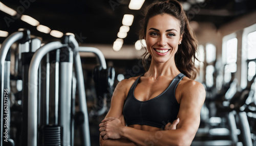 Smiling brunette exercising in gym for healthy lifestyle