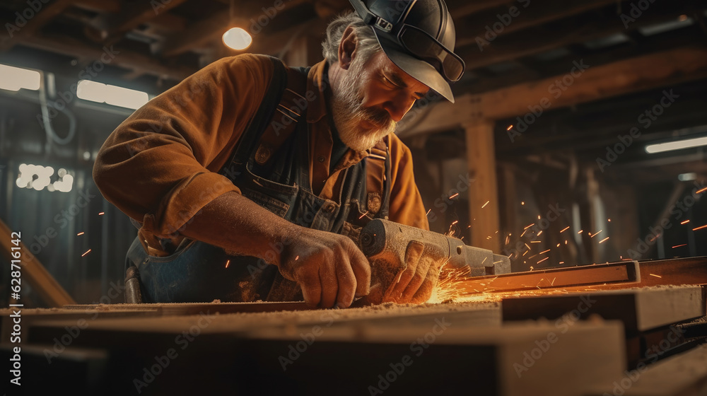 A carpenter hammers nails into a wooden frame in the middle of a busy construction zone