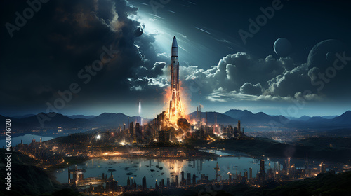 Missile launch at night. The elements of this image furnished by NASA, Ai Generative