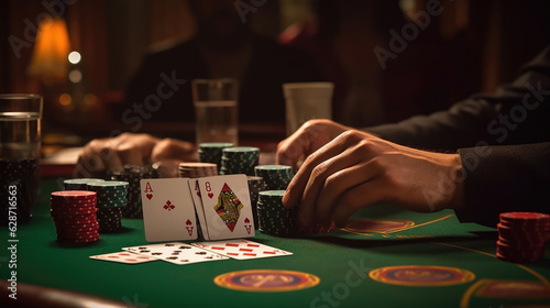 Close-up of people play Blackjack in casino