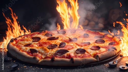 Delicious pizza on fire image illustration, generative Ai art