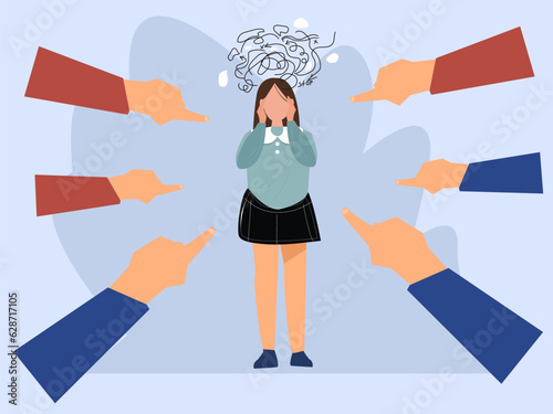 Depressed sad woman standing as victim flat vector illustration. Surrounded girl and fingers pointing at her. Conviction, indictment and social denunciation concept. vector illustration.