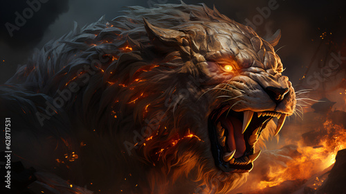 Roaring mighty fantasy lion with flames and glowing lights, Ai generative