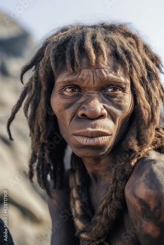 portrait of a cavewoman, cave woman, female neanderthal with black skin, african homo hablis photo