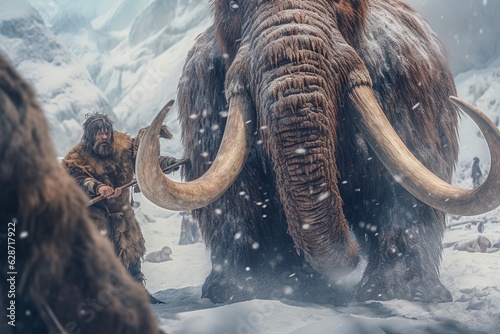 group of neanderthal cavemen hunting a mammoth on winter, snow and cold climate, stone age humans