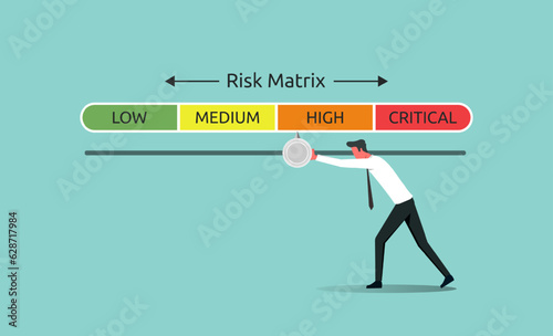 Risk matrix management with impact category low, medium, high and critical. Risk assessment and safety with businessman pushes risk indicator to low