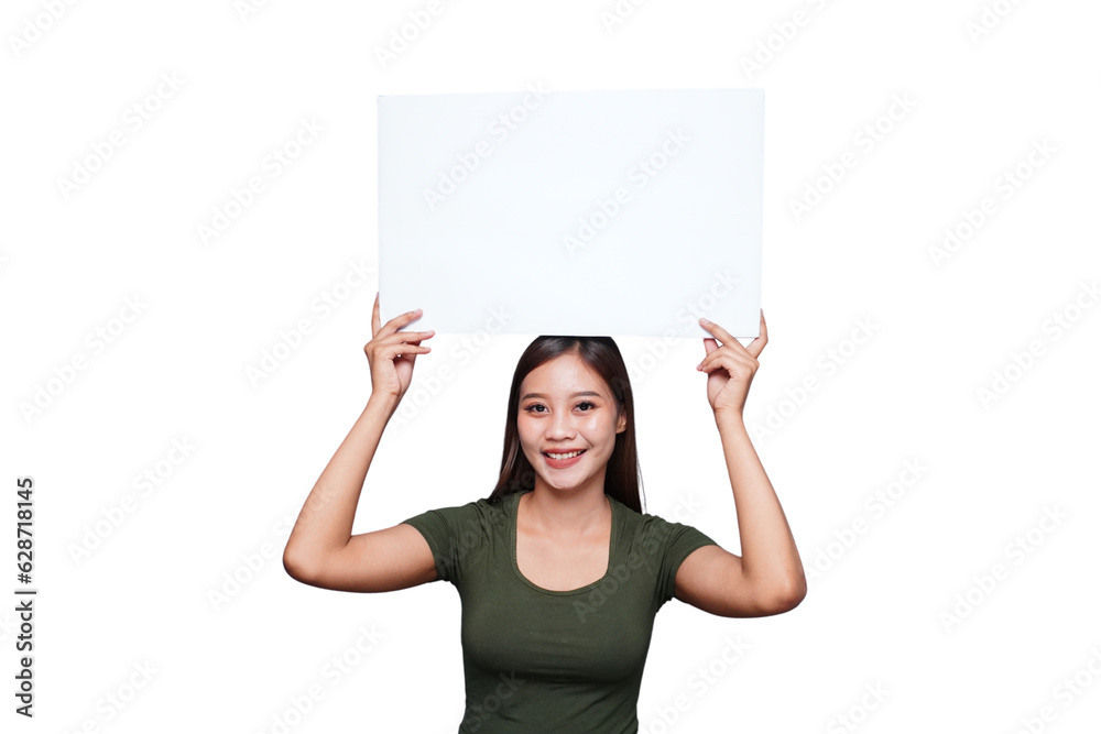 Beautiful Asian woman holding an empty board and smiling Beautiful Asian woman holding an empty board and smiling