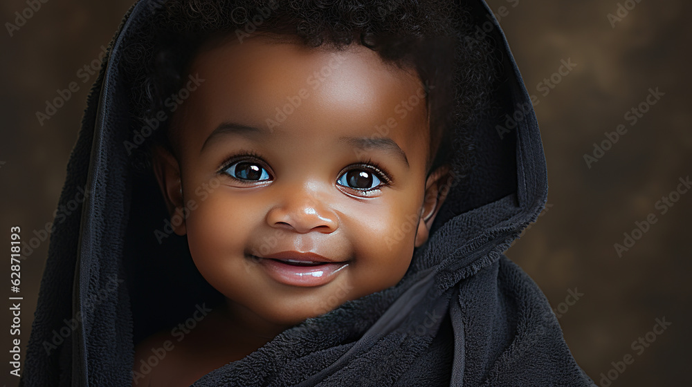 Portrait close-up cute black skin baby under towel sitting on bed after bath time with big smile. Portrait close-up cute black skin baby under towel sitting on bed after bath time with big smile.