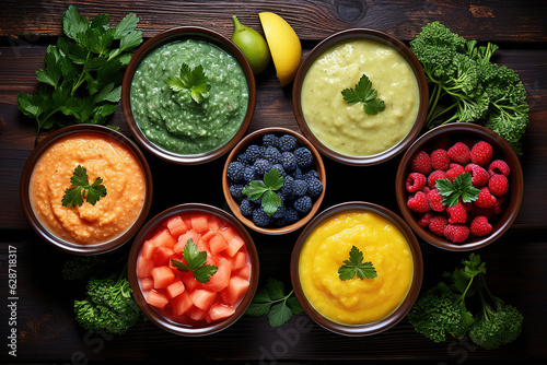 Baby foods. Various bowls of fruit and vegetable puree with ingredients for cooking on wooden table