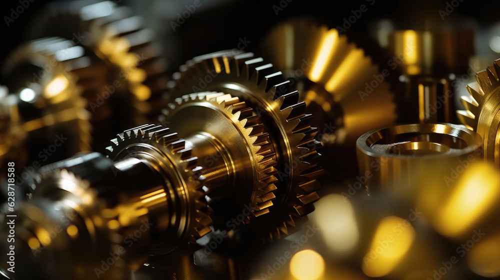 Close-up of metallic gears and auto parts. A stunning macro photograph of automotive gears, showcasing their metallic texture and precision, artfully lit with dramatic contrasting lights Close-up of metallic gears and auto parts. A stunning macro photograph of automotive gears, showcasing their metallic texture and precision, artfully lit with dramatic contrasting lights