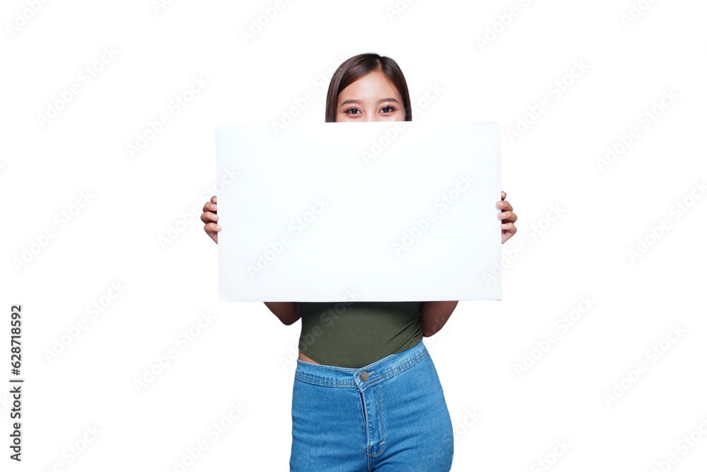 Beautiful Asian woman holding an empty board in front of the face Beautiful Asian woman holding an empty board in front of the face