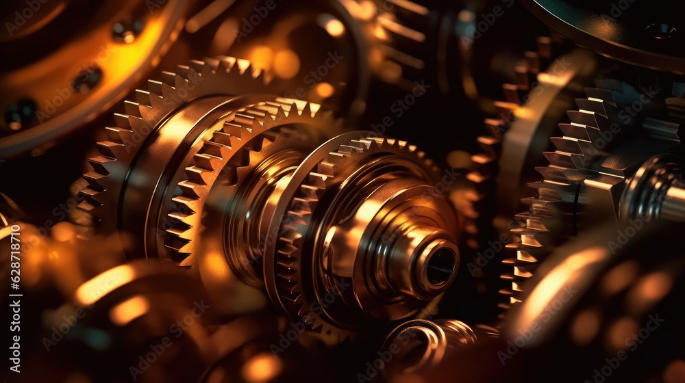 Close-up of metallic gears and auto parts. A stunning macro photograph of automotive gears, showcasing their metallic texture and precision, artfully lit with dramatic contrasting lights Close-up of metallic gears and auto parts. A stunning macro photograph of automotive gears, showcasing their metallic texture and precision, artfully lit with dramatic contrasting lights
