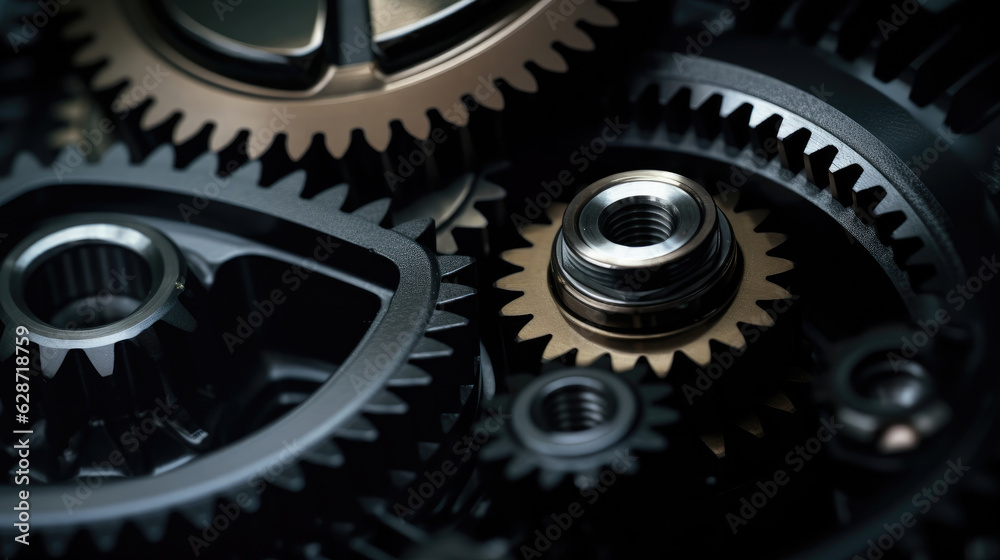 Close-up of metallic gears and auto parts. A stunning macro photograph of automotive gears, showcasing their metallic texture and precision, artfully lit with dramatic contrasting lights Close-up of metallic gears and auto parts. A stunning macro photograph of automotive gears, showcasing their metallic texture and precision, artfully lit with dramatic contrasting lights