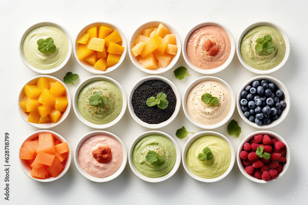 Various cream soups in bowls, top view Various cream soups in bowls, top view