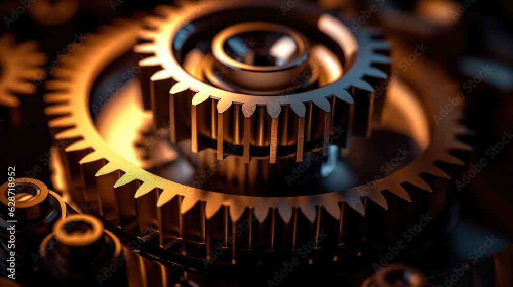 Close-up of metallic gears and auto parts. A stunning macro photograph of automotive gears, showcasing their metallic texture and precision, artfully lit with dramatic contrasting lights Close-up of metallic gears and auto parts. A stunning macro photograph of automotive gears, showcasing their metallic texture and precision, artfully lit with dramatic contrasting lights