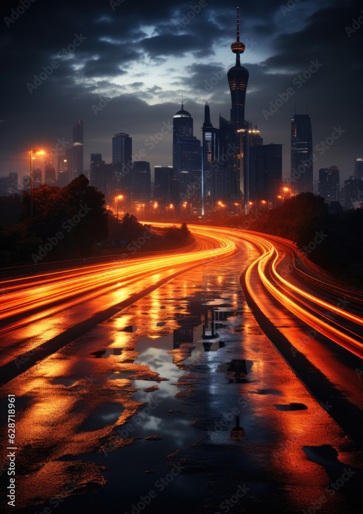 the light trails on the modern building background in big city. created with generative AI technology the light trails on the modern building background in big city. created with generative AI technology
