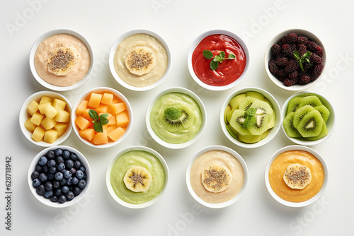 Various cream soups in bowls, top view