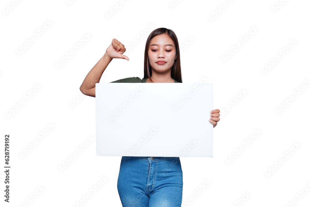 Beautiful Asian woman holding an empty board and pointing Beautiful Asian woman holding an empty board and pointing