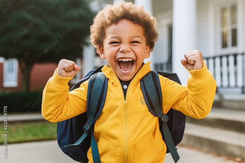 Naklejka premium Excited Little Boy with Backpack Ready to Go Back to School - Generative AI