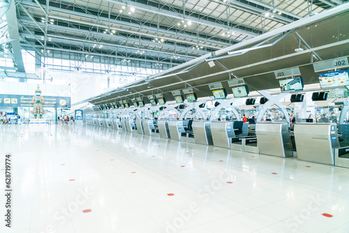 Canvas Print Bangkok, Thailand - May 23, 2022 : Bangkok Suvarnabhumi airport passengers inside the departure terminal, people in medical masks from coronavirus