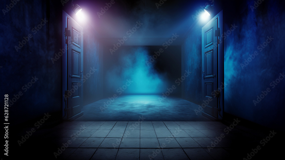 bright studio spotlight in a dark empty stage warehouse space with a smoke rising in a spooky cold blue atmosphere, ai-generated with open doorway