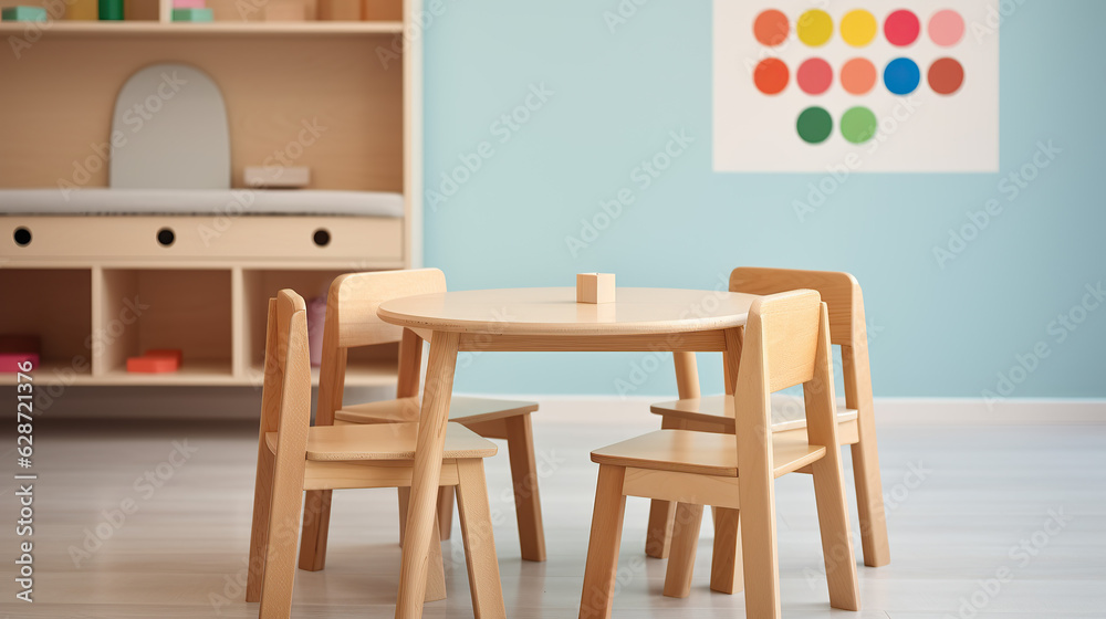 Fototapeta premium Children's tables and chairs are set up in the interior of a large kindergarten room. The kindergarten provides a spacious area with tables and chairs for the children.