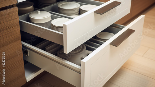Fotografering The open kitchen drawer reveals a well-organized collection of plates, showcasing a clever solution for kitchen storage and organization