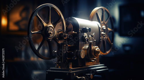 A film is projected in a dark room using a vintage old-fashioned projector, illustrating the essence of cinematography.