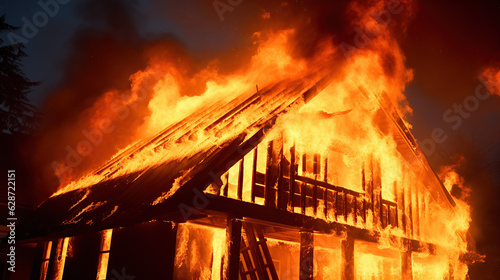 At night, a wooden house or barn is engulfed in flames.