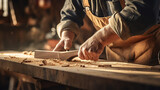 A carpenter's hands skillfully planing a plank of wood with a hand plane.
