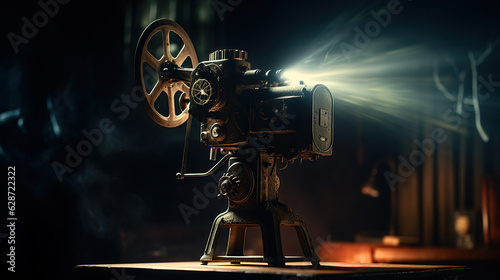 The cinematography concept comes to life with a vintage old-fashioned projector projecting a film in a dark room.
