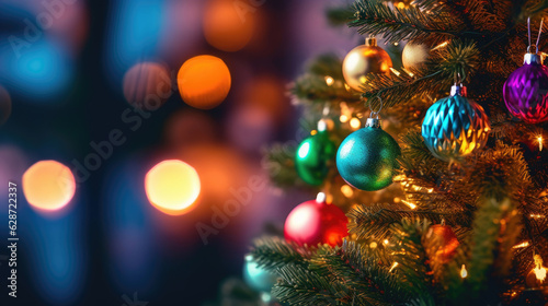 A close-up of the dazzling Christmas tree ornaments  each one reflecting the soft glow of fairy lights  while colorful stockings hang nearby. A Christmas tree with a star and red ornaments