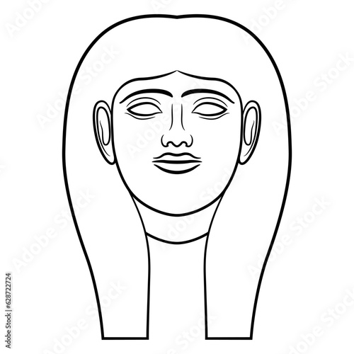 Head of a beautiful ancient Egyptian woman or goddess wearing a wig. Female ethnic mask. Black and white linear silhouette.