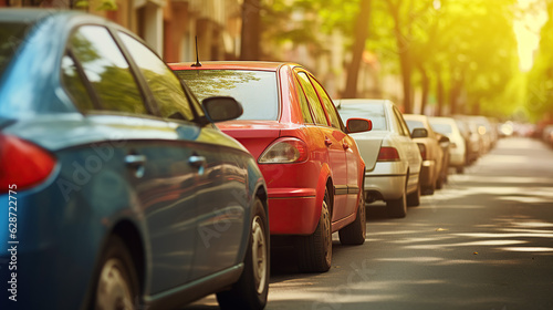 The roadside in a residential district is filled with rows of parked cars. © sopiangraphics