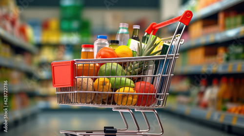 Representing the concept of grocery shopping, the picture features a shopping cart filled with food and drinks, and supermarket shelves in the background.